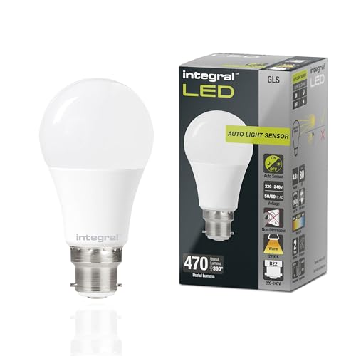 Integral LED 2PK GLS B22 Nicht dimmbare Milchglas Glühlampe mit Dämmerungssensor | Dual Sensor Warm White 2700K, 470lm, 4.8W (entspricht 40W) für draußen, Veranda, Garage, Garten von Integral