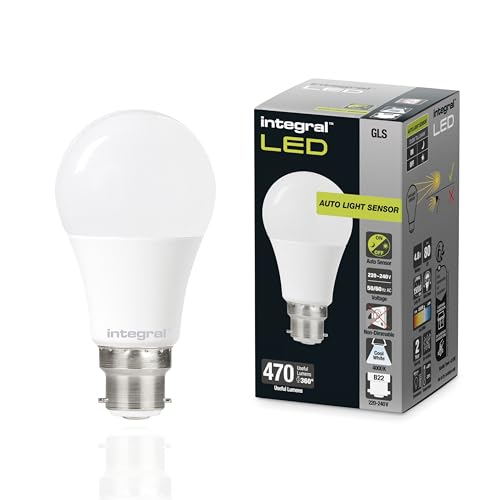 Integral LED 2PK GLS B22 Nicht dimmbare Milchglas Glühlampe mit Dämmerungssensor | Dual Sensor Warm White 2700K, 806lm, 8W (entspricht 60W) für draußen, Veranda, Garage, Garten von Integral