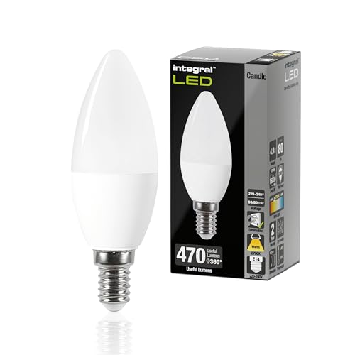 Integral LED E14 Warm 2700K, 470LM, 4.9W (entspricht 40W) Dimmbare Milchglas-Kerzenlampe - 4 Packung - Energieeffizient. Für Lampen & Kronleuchter im Wohnzimmer, Esszimmer, Schlafzimmer & mehr von Integral