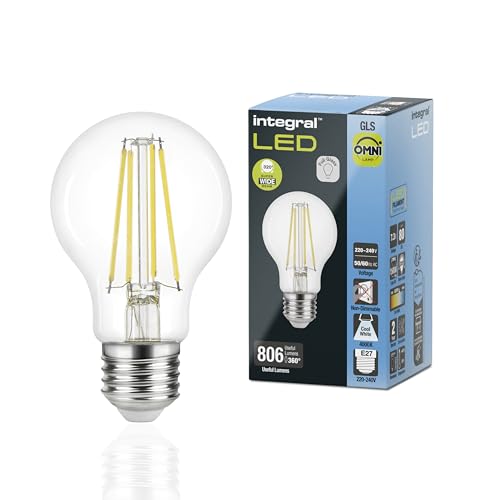 Integral LED E27 GLS A60 Omni-Filament Kaltweiß 4000K, 806LM, 7.3W (entspricht 60W) Nicht dimmbare Lampe - 2 Packung - Energieeffizient. Für Schlafzimmer, Flur, Wohnzimmer & mehr von Integral