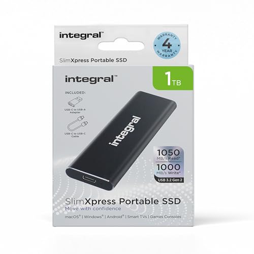 Integral SlimXpress Externe SSD | Festplatte Extern 1TB USB & USB-C 3.2 Gen 2 1050MB/s Lese- / 1000MB/s Schreibgeschwindigkeit, Aluminiumgehäuse, Plug & Play. Mac, PC, Xbox, Playstation kompatibel von Integral