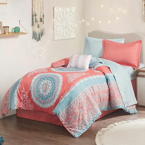 Intelligent Design Komplettes Bett in Einer Tasche Casual Boho Schmusetuch mit Bettlaken dekoratives Kissen Ganzjahres-Bettwäsche-Set, Polyester, Loretta Coral, Twin XL von Intelligent Design