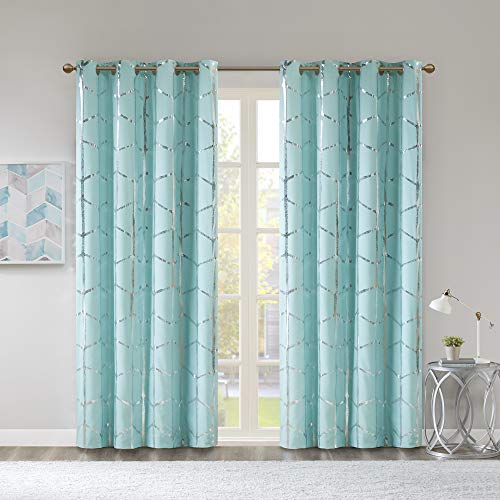 Intelligent Design Raina Total Blackout Metallic Print Grommet Top Window Curtain Panel Thermal Insulated Light Blocking Drape for Bedroom Living Room and Dorm, 50x63, Aqua/Silver von Intelligent Design