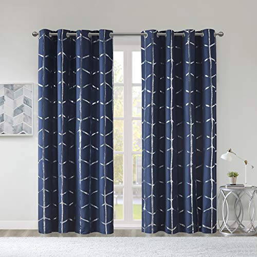 Intelligent Design Raina Total Verdunkelungsvorhang mit Metallic-Aufdruck, Thermisch isoliert, lichtblockierend für Schlafzimmer, Wohnzimmer und Schlafsaal, 127 x 213 cm, Marineblau/Silber von Intelligent Design