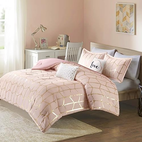 Intelligent Design Raina Tröster Set Metallischer Druck Geometrisches Design Modern Trendy Ganzjahres-Bettwäscheset Matching Sham Decorative Pillow Blush/Gold Full/Queen 5-teilig von Intelligent Design