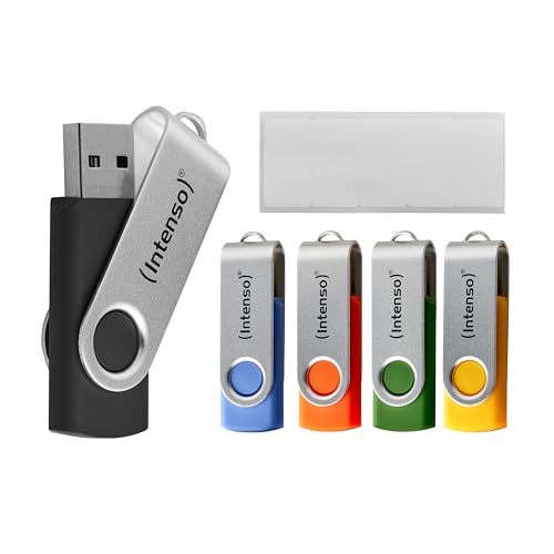 Intenso Basic Line 5X 16 GB USB-Sticks USB 2.0 mit praktischen Beschriftungsetiketten, Gelb, Grün, Schwarz, Blau + Orange, mit silbernem Metallbügel, 5er Pack von Intenso
