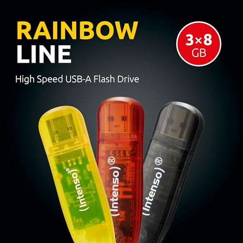 Intenso USB 2.0 Stick 3X 8GB Rainbow Line – Speicherstick Dreierpack für Datenübertragung und Backup, Gelb Rot Schwarz von Intenso