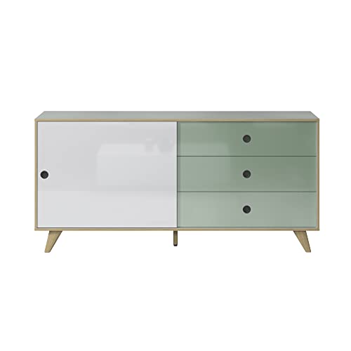Inter-Furn Wohnzimmer Sideboard Kommode Schrank Adelaide, 180 x 86 x 40 cm Weiß/Grün Hochglanz mit Schiebetüren von Inter-Furn