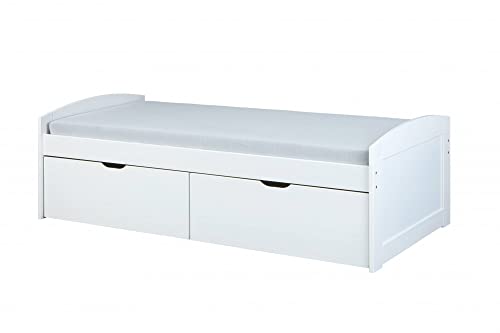 Containerbett mit 2 großen Schubladen, Kiefernholz massiv weiß lackiert, 98x205x63 cm, inkl. Netz von Inter Link
