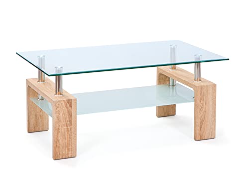 Inter Link – Couchtisch – Glas - Wohnzimmertisch – Sofatisch – Rechteckiger Glastisch fürs Wohnzimmer – Sicherheitsglas - BxTxH: 100x60x45 cm – Sonoma Eiche - Loana von Inter Link