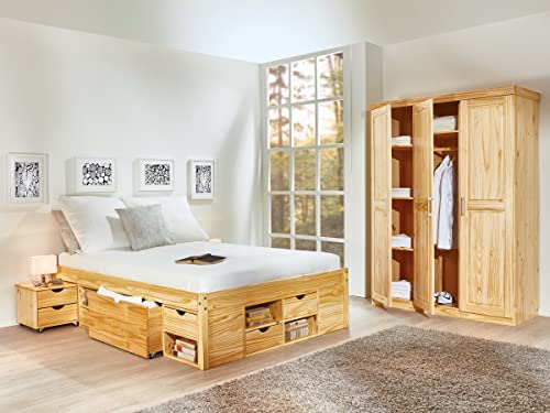 Inter Link - Funktionsbett - Bett mit Schubladen - Doppelbett 180 x 200 cm - 2 Große und 4 kleine Schubladen - Nachtkommode - Kiefer massivholz - Inkl Lattenrost - Natur lackiert - Claas von Inter Link
