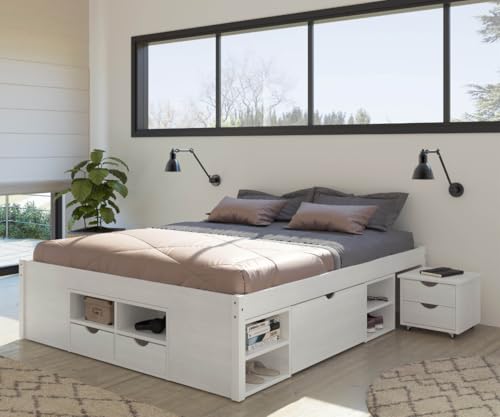 Inter Link - Funktionsbett - Bett mit Schubladen - Doppelbett 180 x 200 cm - 2 Große und 4 kleine Schubladen - Nachtkommode - Kiefer massivholz - Inkl Lattenrost - Weiß lackiert - Till von Inter Link