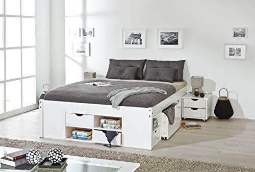 Inter Link - Funktionsbett - Bett mit Schubladen - Doppelbett 140 x 190 cm - 2 Große und 4 kleine Schubladen - Nachtkommode - Kiefer massivholz - Inkl Lattenrost - Weiß lackiert - Till von Inter Link