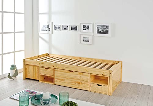 Inter Link - Einzelbett mit Schubladen – Kojenbett mit Stauraum – Praktisches Jungendbett – Kiefer massivholz – Natur lackiert – Platzsparendes Jugendzimmer Einzelbett – Claas 90 x 200cm von Inter Link