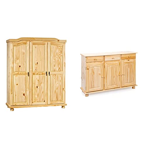 Inter Link Bauernschrank Kleiderschrank Dielenschrank Landhausschrank Garderobenschrank 3 Türig Kiefer massiv Natur lackiert & Sideboard mit drei Türen und drei Schubladen, braune Farbe, 130x87x43 cm. von Inter Link