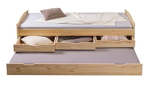 Inter Link - Funktionsbett - Kinderbett - Einzelbett mit Stauraum - Bett mit Schubladen - 2 Liegeflächen 90x200cm - Kiefer massivholz - inkl. Lattenrost - Natur lackiert - Marinella 90x200cm von Inter Link