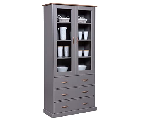 Inter Link – Vitrinenschrank – Buffet-Schrank - Geschirrschrank - Esszimmerschrank - Landhausstil – Massivholz FSC – 2 Türen – 3 Schubladen – Luzerna 10 – Grau von Inter Link