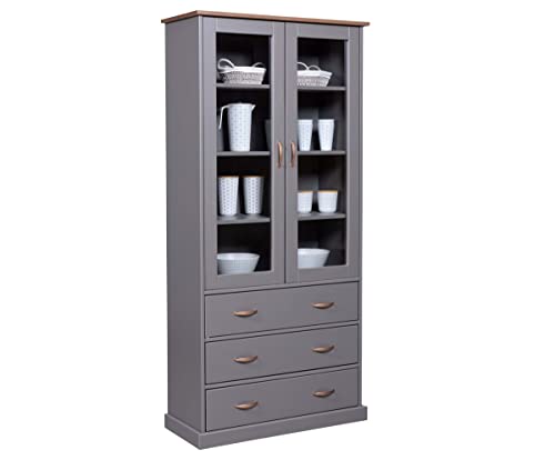 Inter Link – Vitrinenschrank – Buffet-Schrank - Geschirrschrank - Esszimmerschrank - Landhausstil – Vitrine - Kiefer - Massivholz FSC – 2 Türen – 3 Schubladen – 90 x 190 x 38 cm -Luzerna 10 – Grau von Inter Link