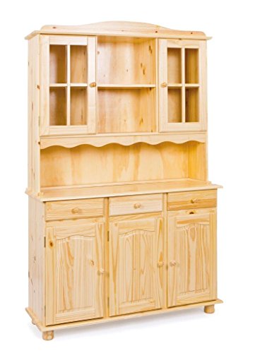 Inter Link – Vitrinenschrank - Küchenschrank - Geschirrschrank - Esszimmerschrank – Vitrine – Standvitrine - Landhausstil - Kiefer Massivholz – 3 Türig - Toscana – Natur lackiert von Inter Link