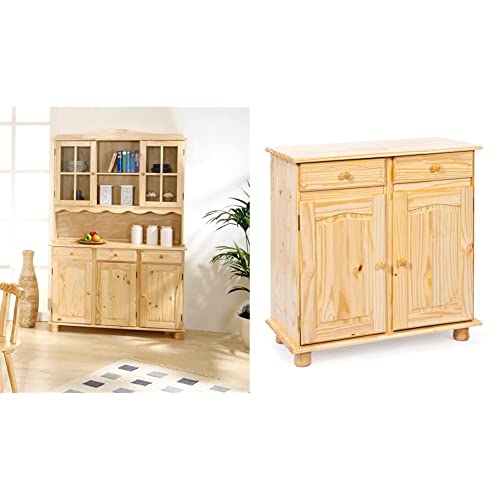 Inter Link Buffet Vitrinenschrank Küchenschrank Geschirrschrank Kiefer Massivholz Natur lackiert & Kommode Anrichte Sideboard Mehrzweckschrank Beistellschrank Kiefer massiv Natur lackiert von Inter Link