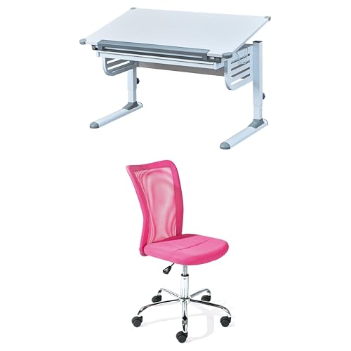 Inter Link Bundle Höhenverstellbarer Schreibtisch – Kinderschreibtisch - Aus Metall Grau/Weiß Kinderschreibtischstuhl - - 360° drehbar - Pink - Bonnie von Inter Link