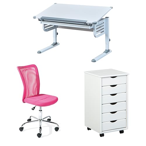 Inter Link Bundle Höhenverstellbarer Schreibtisch – Kinderschreibtisch –Grau/Weiß Kinderschreibtischstuhl - Pink - Bonnie Rollcontainer mit 6 Schubladen von Inter Link