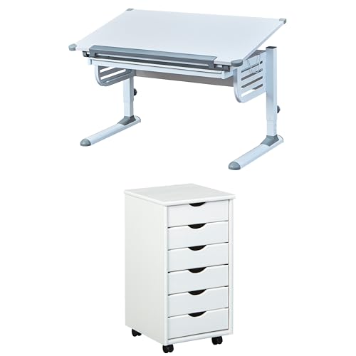 Inter Link Bundle Höhenverstellbarer Schreibtisch – Kinderschreibtisch – Grau/Weiß – Skalare Rollcontainer – 6 Schubladen- Massiv Kieferholz – Weiß - 35 x 40 x 65 cm - Simon von Inter Link
