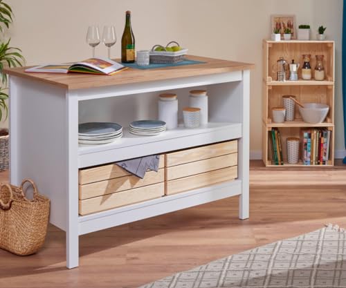 Inter Link Bundle Kücheninsel - Länge 124cm - Höhe 82 cm - Tiefe 75 cm - Julina - Weiß/Eiche Artisan Holzkiste - Stapelkiste massivholz – – 51 x 31,5 x 23cm Valloni M von Inter Link