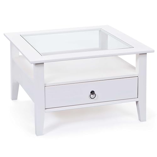 Inter Link - Couchtisch - Massivholztisch - Wohnzimmertisch - Sofatisch - Kiefer Massiv - mit Glasplatte - 1 weiß gebeizte Schubladen - 115 x 60 x 45 cm - Provence 1 von Inter Link