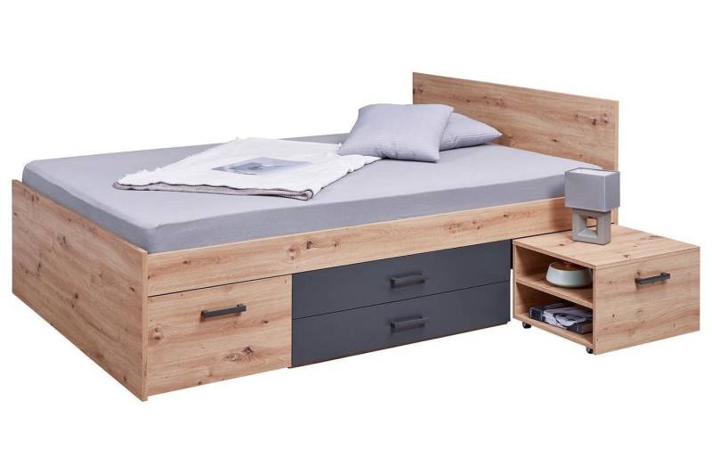 Inter Link Einzelbett LIORA, 140 x 200 cm, Artisan Eiche Dekor, Grau, 6 Schubladen, 2 ausziehbare Nachttische, B 145 x H 83 x T 204 cm von Inter Link