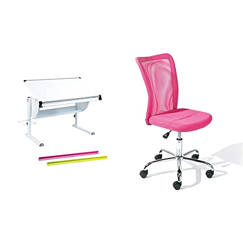 Inter Link Ergonomischer Kinderschreibtisch in 3 Farben Höhenverstellbar Neigbare Tischplatte MDF weiß & Kinderdrehstuhl Bürostuhl Jugenddrehstuhl Metall Bezug Mesh Pink 43 x 88-98 x 56 cm von Inter Link