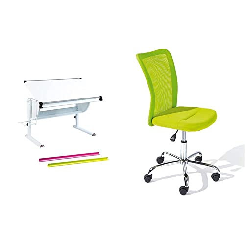 Inter Link Ergonomischer Kinderschreibtisch in 3 Farben weiß & Kinderdrehstuhl Bürostuhl Jugenddrehstuhl Schreibtischstuhl Drehstuhl Metall Bezug Mesh Grün BxHxT: 43 x 88-98 x 56 cm von Inter Link