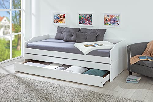 Inter Link - Funktionsbett - Stauraumbett - Bett mit Schubladen - Kiefer massivholz - Für Kinder, Jugendliche - Einzelbett - Gästebett - 2 Lattenroste - 3 Liegeflächen - Weiß - Lotar - 90x200 cm von Inter Link