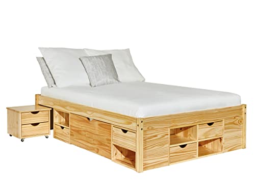 Inter Link - Doppelbett mit Schubladen und Nachtkommoden – 2 große und 4 kleine Schubladen – 8 offene Fächer - Kiefer massivholz – Natur lackiert – Platzsparendes Doppelbett – Claas 140 x 200 cm von Inter Link