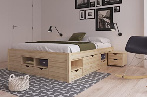 Inter Link - Doppelbett mit Schubladen und Nachtkommoden – 2 große und 4 kleine Schubladen – 8 offene Fächer - Kiefer massivholz – Natur lackiert – Platzsparendes Doppelbett – Claas 160 x 200 cm von Inter Link