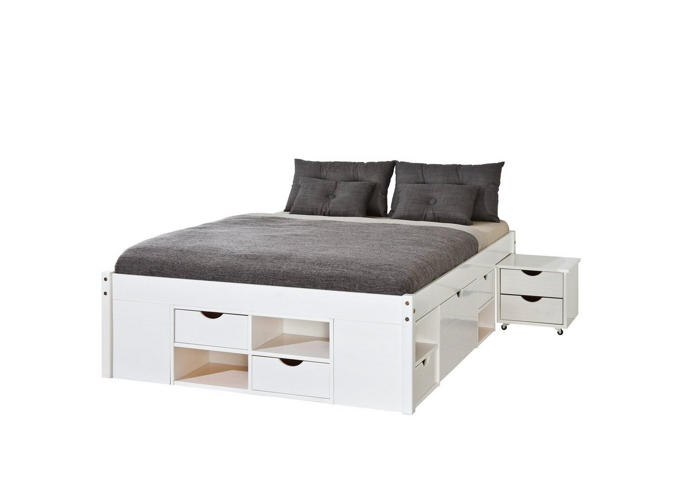 möbelando Funktionsbett Till (BxHxT 209 x 47,5 x 146 cm), aus Massivholz in Weiss mit 4 Schubladen und 12 Einlegeböden von möbelando