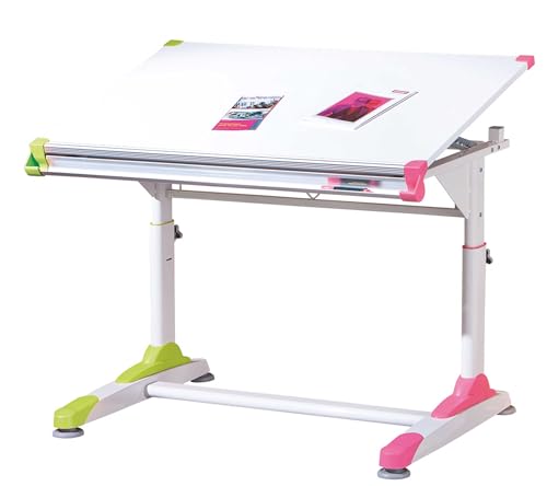 Inter Link – Höhenverstellbarer Schreibtisch – Kinderschreibtisch – Schülerschreibtisch – Neigungsverstellung – Ablagefach – Weiß mit applikationen in Rosa und Grün – 2Colorido von Inter Link