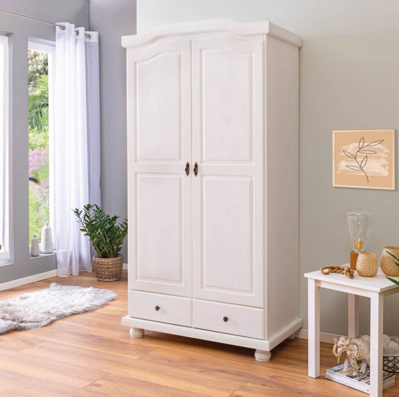 Inter Link Kleiderschrank Reutte Massivholz, 2 Schubladen, Kleiderstange, weiß lackiert, Landhausstil von Inter Link