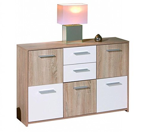 Inter Link – Kommode – Sideboard - Kommode mit 5 Türen und 2 Schubladen – 2 Farbig – Melaminbeschichtet – Sonoma Eiche Nachbildung und Weiß – BxTxH: 115x30x77 cm – Elvezia Inter Link – Kommode – Sideboard - Kommode mit 5 Türen und 2 Schubladen – 2 Farbig – Melaminbeschichtet – Sonoma Eiche Nachbildung und Weiß – BxTxH: 115x30x77 cm – Elvezia von Inter Link
