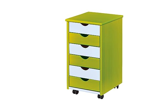 Inter Link – Rollcontainer – Rollcontainer mit 6 Schubladen – Bürocontainer - Rollschrank – Rollwagen – Schubladenkommode - Massiv Kieferholz – Grün/Weiß – BxTxH: 35x39x66 cm von Inter Link