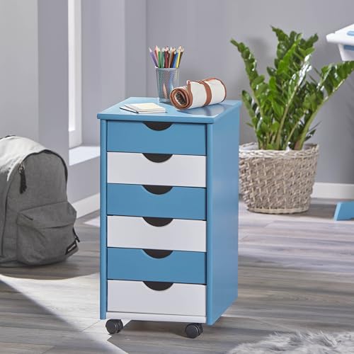 Inter Link – Rollcontainer – Rollcontainer mit 6 Schubladen – Bürocontainer - Rollschrank – Rollwagen – Schubladenkommode - Massiv Kieferholz – Petrol/Weiß – BxTxH: 35x39x66 cm von Inter Link