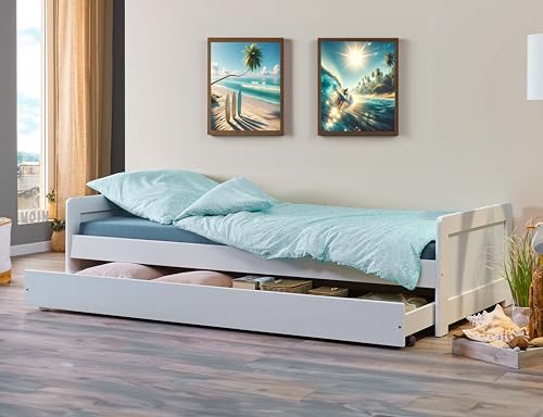 Inter Link - Funktionsbett - Kinderbett - Einzelbett mit Stauraum - Bett mit Schubladen - 2 Liegeflächen 90x200cm - Kiefer massivholz - inkl. Lattenrost - Weiß lackiert - Surf von Inter Link