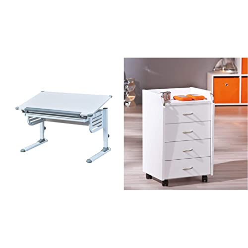 Inter Link Schreibtisch Schülerschreibtisch ergonomisch mit Schublade aus Metall und MDF in Weiss und Grau, 110 x 68 x H 55-78 cm & Rollcontainer Bürocontainer Rollschrank Weiss, 40 x 36 x 65 cm von Inter Link