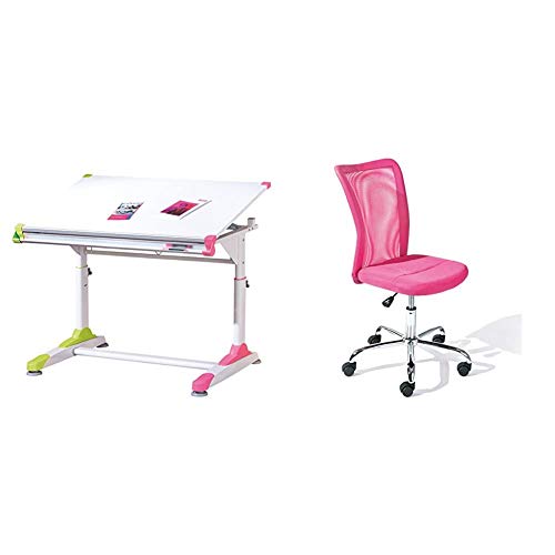 Inter Link Schülerschreibtisch Kinderschreibtisch MDF Weiss 100 x 69-84 x 66 cm & Kinderdrehstuhl Bürostuhl Jugenddrehstuhl Schreibtischstuhl Metall Bezug Mesh Pink BxHxT: 43 x 88-98 x 56 cm von Inter Link