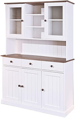 Inter Link - Vitrinenschrank - Küchenschrank - Geschirrschrank - Esszimmerschrank – Vitrine - Landhausstil - Kiefer Massivholz – 5 Türen – 3 Schubladen – Westerland 6.2 – Weiß/Sepia lackiert von Inter Link