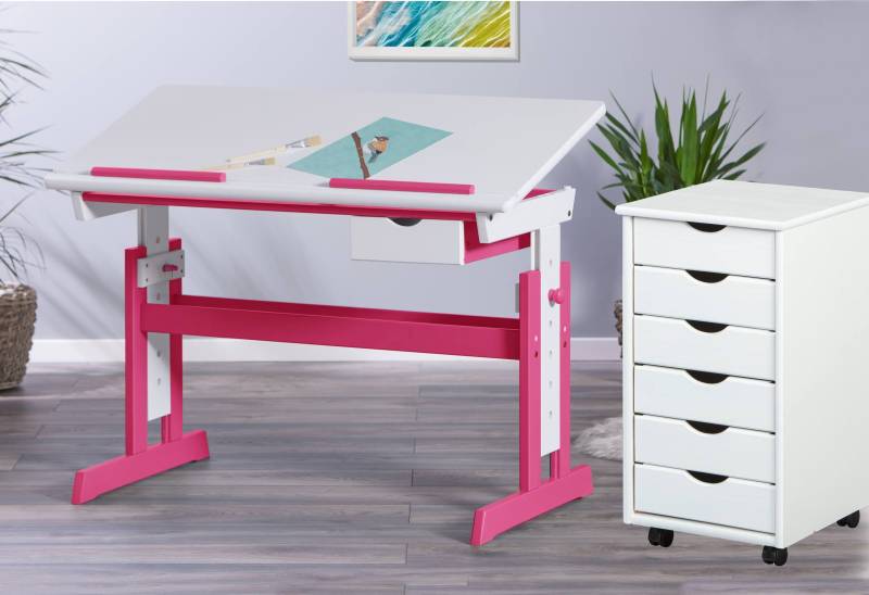 Kinderschreibtisch PIJII Pink weiß + Rollcontainer Simon Komplettset von Inter Link