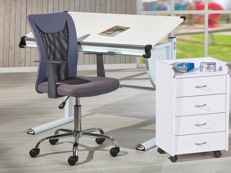 Kinderschreibtisch Set MILO weiß Drehstuhl Donny grau + Rollcontainer von Inter Link