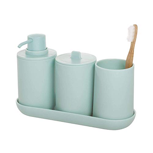 iDesign,28734, iDesign Badezimmer Set, vierteilige Badgarnitur mit Seifenspender, Zahnbürstenhalter, Wattepadspender und Tablett aus Kunststoff, Badaccessoires für den Waschtisch, hellblau, 24,5 cm x 8,9 cm x 16,2 cm, Hellblau von InterDesign