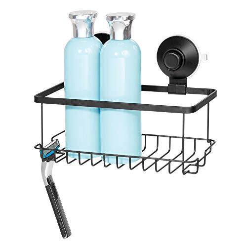 iDesign Duschablage ohne Bohren, kleiner Duschkorb aus Metall mit Push-Lock Saugnapfhalterung, Hängekorb für Shampoo und Seife mit Haken für Rasierer und Schwamm, mattschwarz von InterDesign