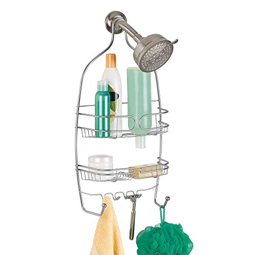 iDesign Neo Duschregal, Hängeregal aus Metall mit zwei Körben für Shampoo und Duschgel sowie Haken für Waschlappen und Rasierer, silberfarben von InterDesign